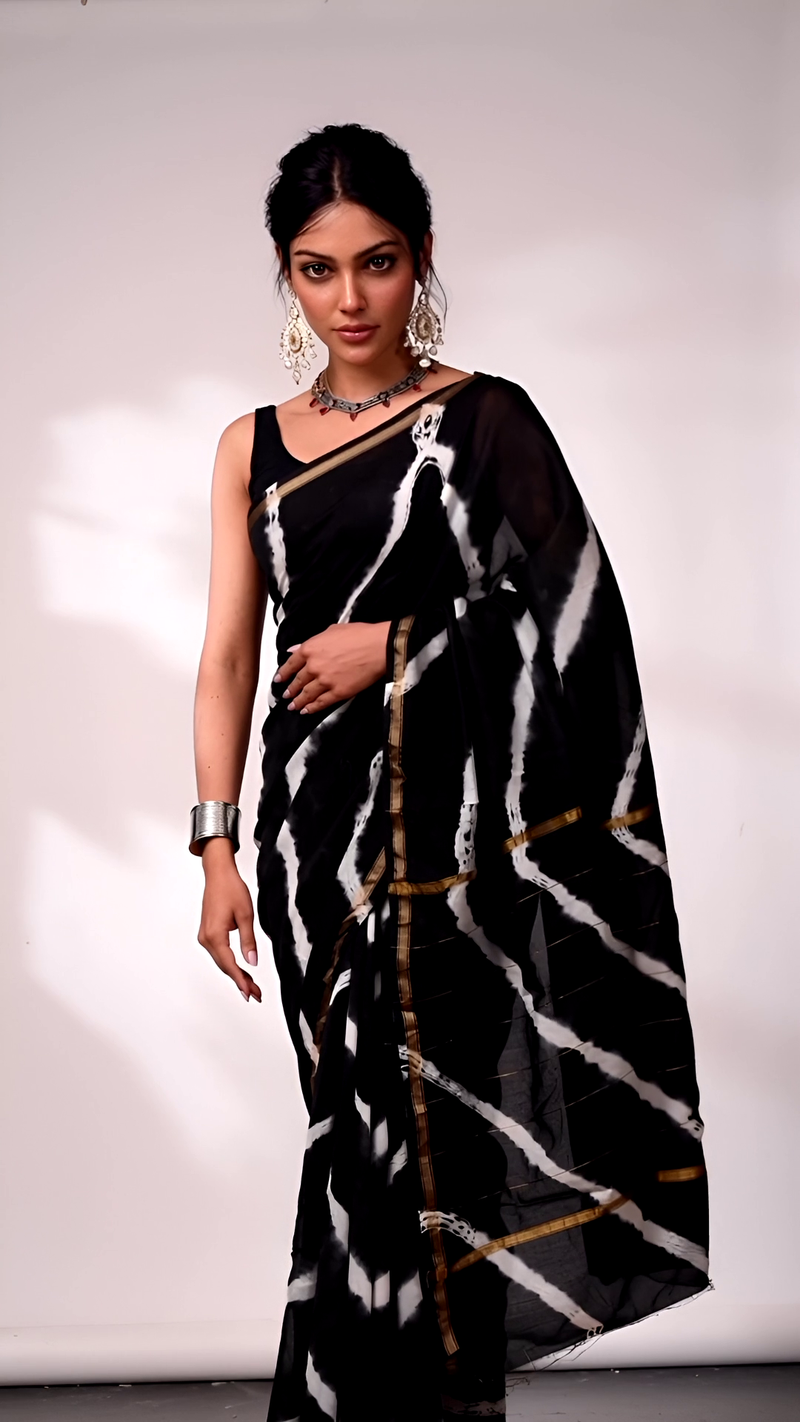 Black & White Tie-Dye Cotton Saree
