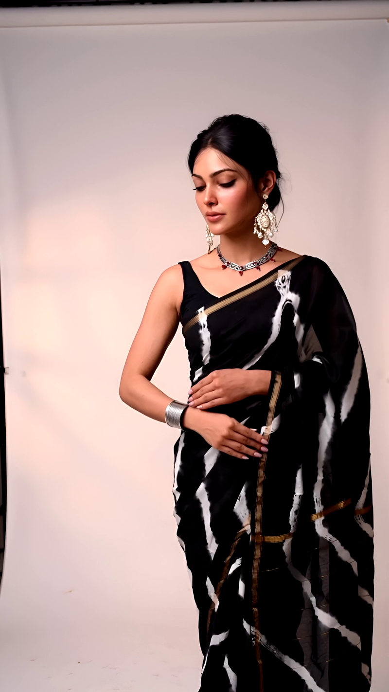 Black & White Tie-Dye Cotton Saree