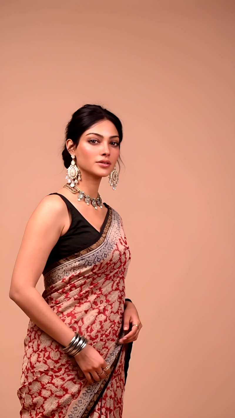 Beige & Maroon Handblock Printed Cotton Saree