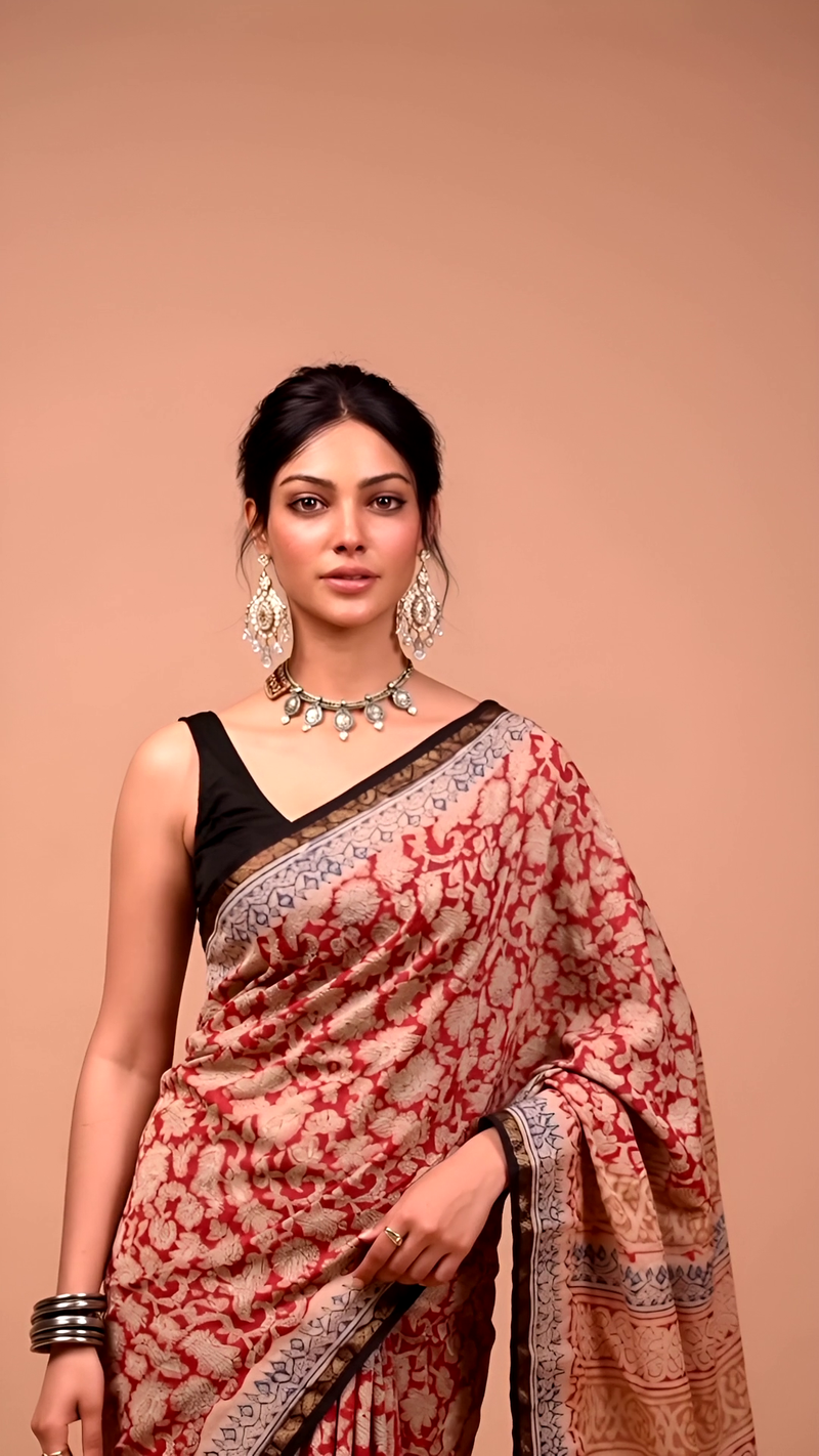 Beige & Maroon Handblock Printed Cotton Saree
