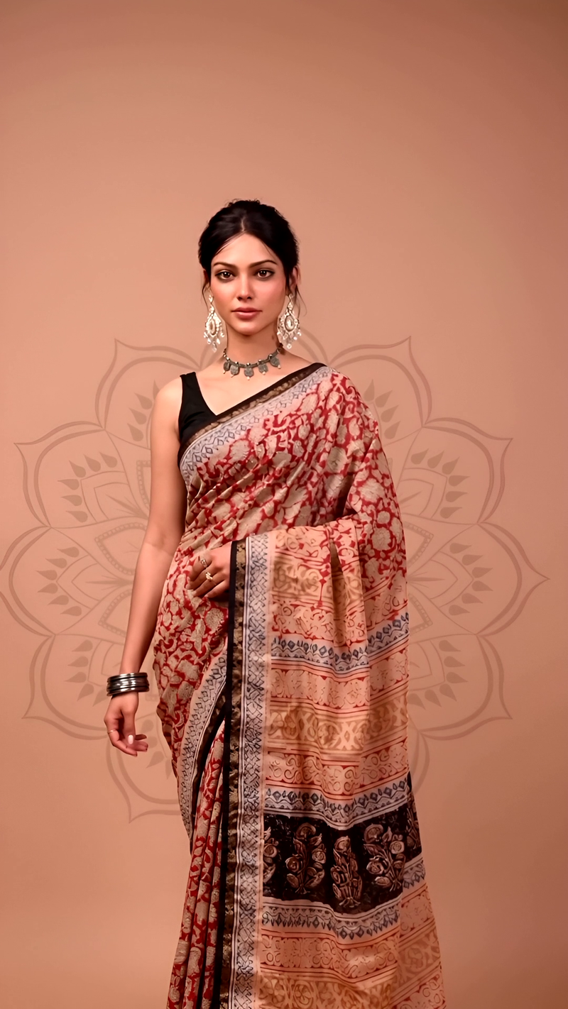 Beige & Maroon Handblock Printed Cotton Saree