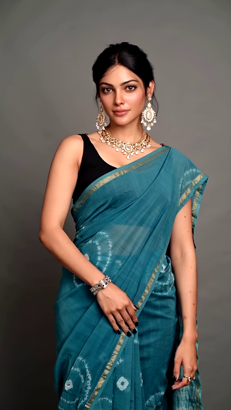 Elegant Teal Blue Shibori Tie-Dye Saree