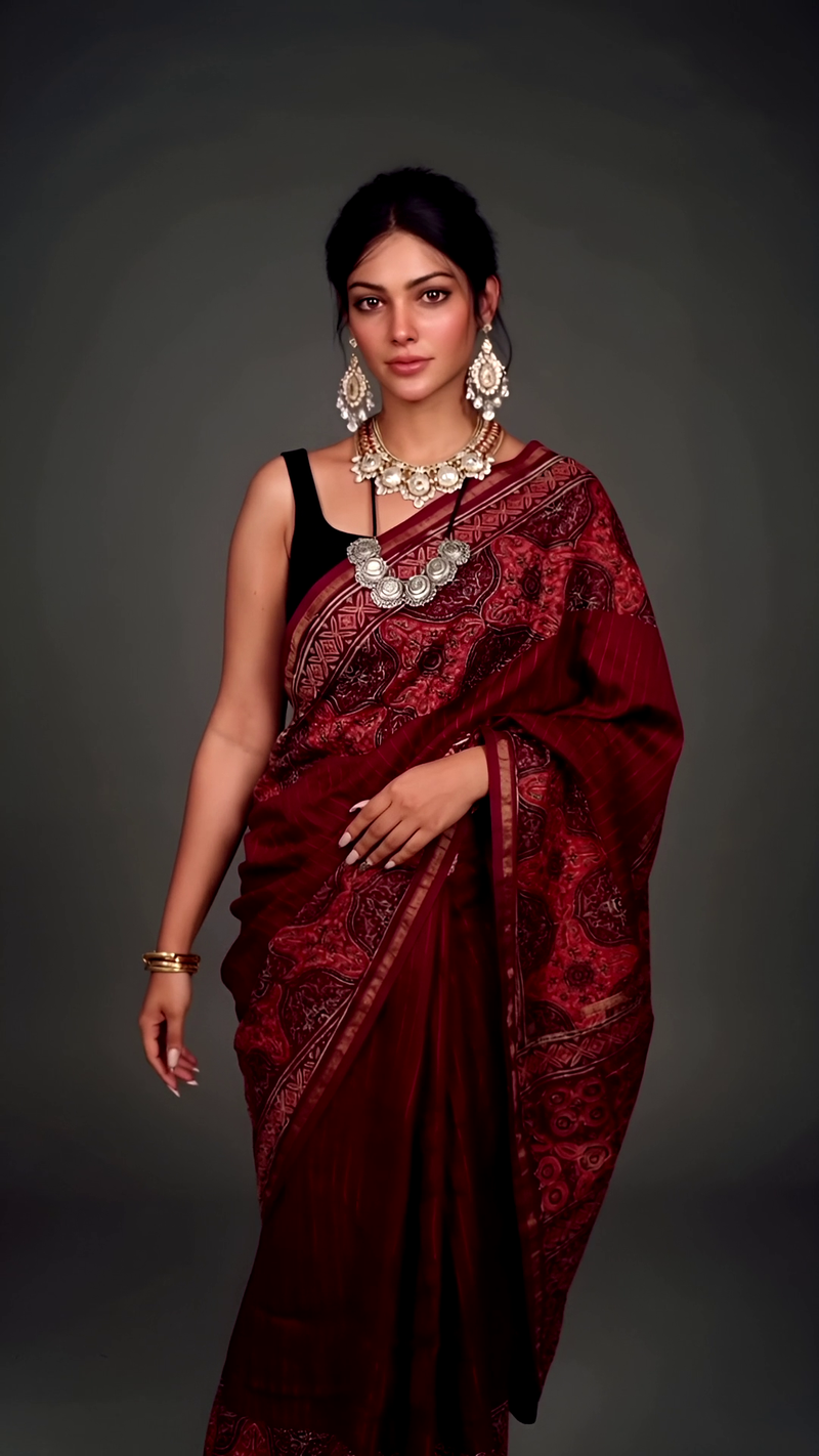 Maroon Ajrakh Print Saree with Stripes & Motifs