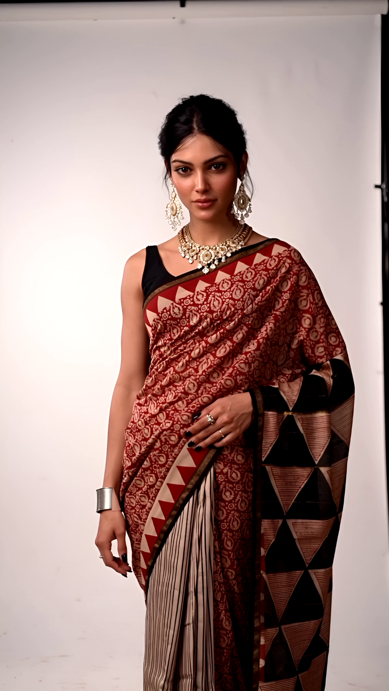 Elegant Maroon & Black Geometric Block Saree