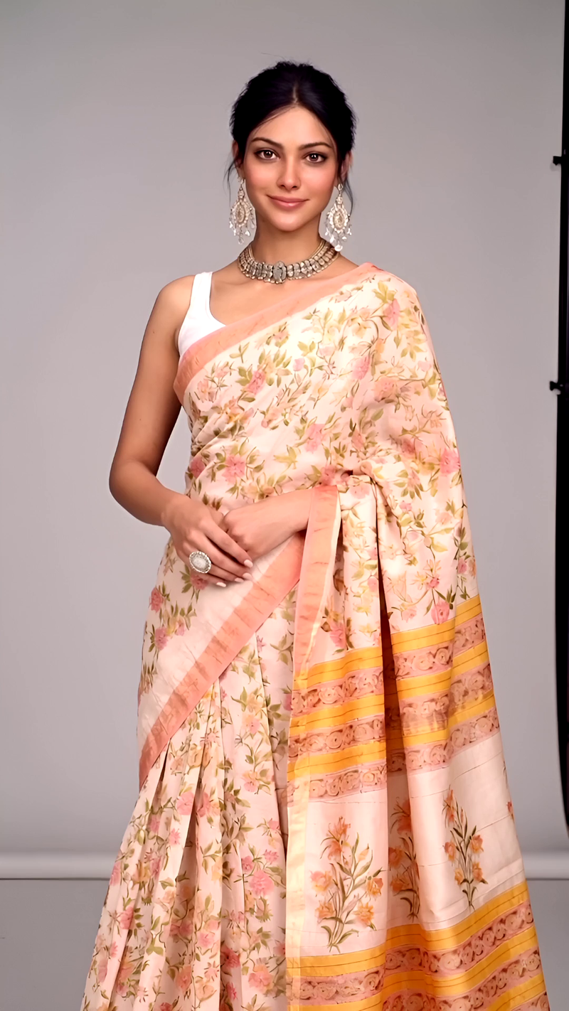 Peach Floral Printed Saree with Golden Yellow Stripes