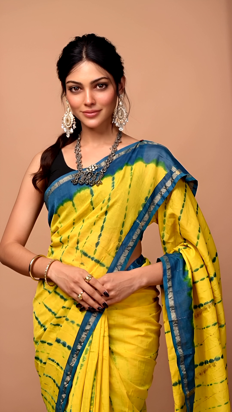 Yellow & Blue Tie-Dye Cotton Saree
