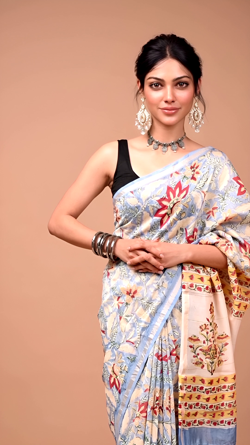 Light Blue Floral Printed Cotton Saree