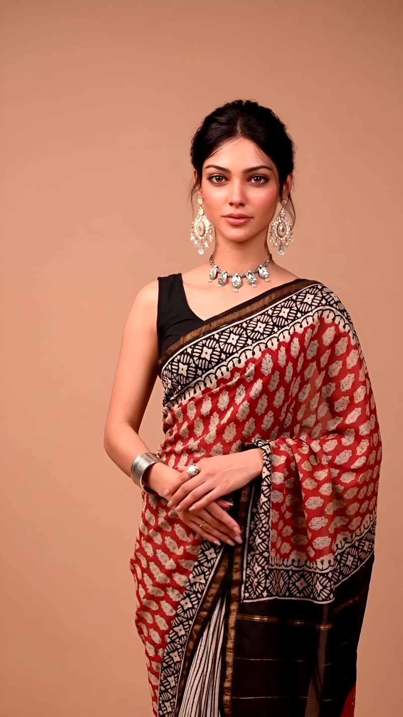 Red & Black Block-Printed Silk Saree with Striped Pallu
