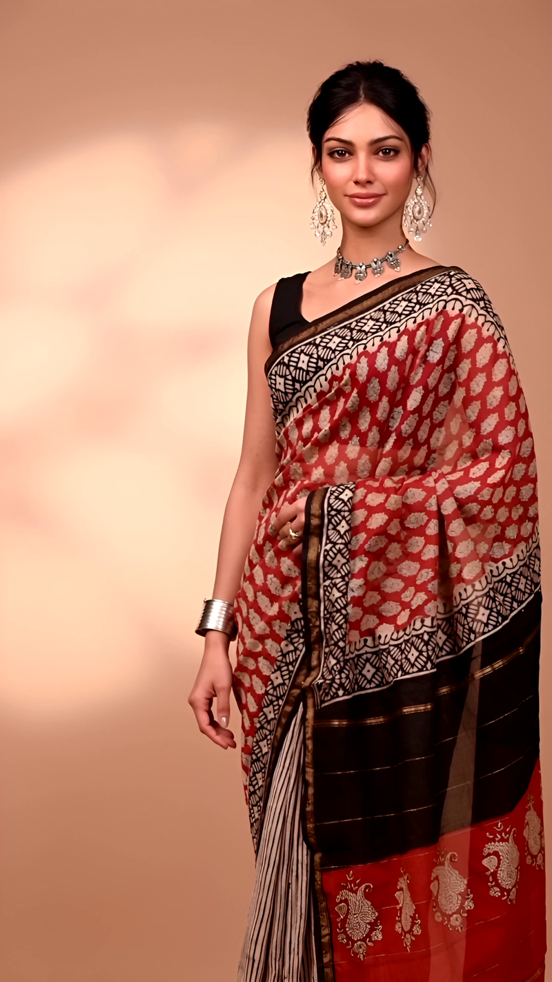 Red & Black Block-Printed Silk Saree with Striped Pallu
