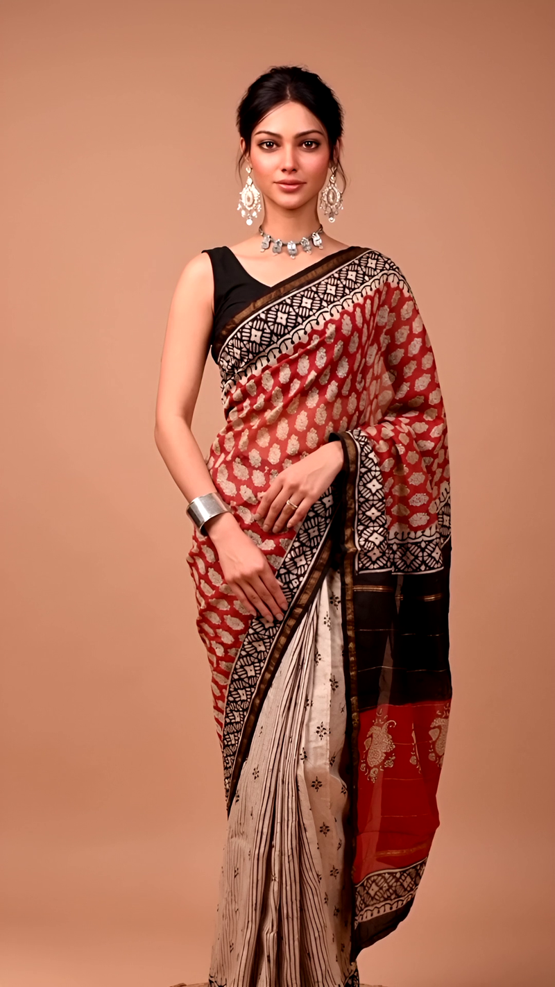 Red & Black Block-Printed Silk Saree with Striped Pallu