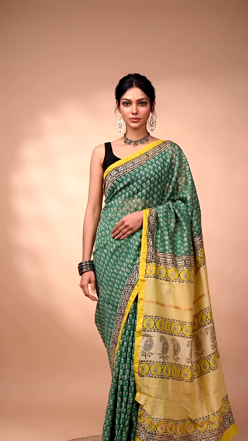 Green Maheshwari Silk Saree with Yellow Pallu