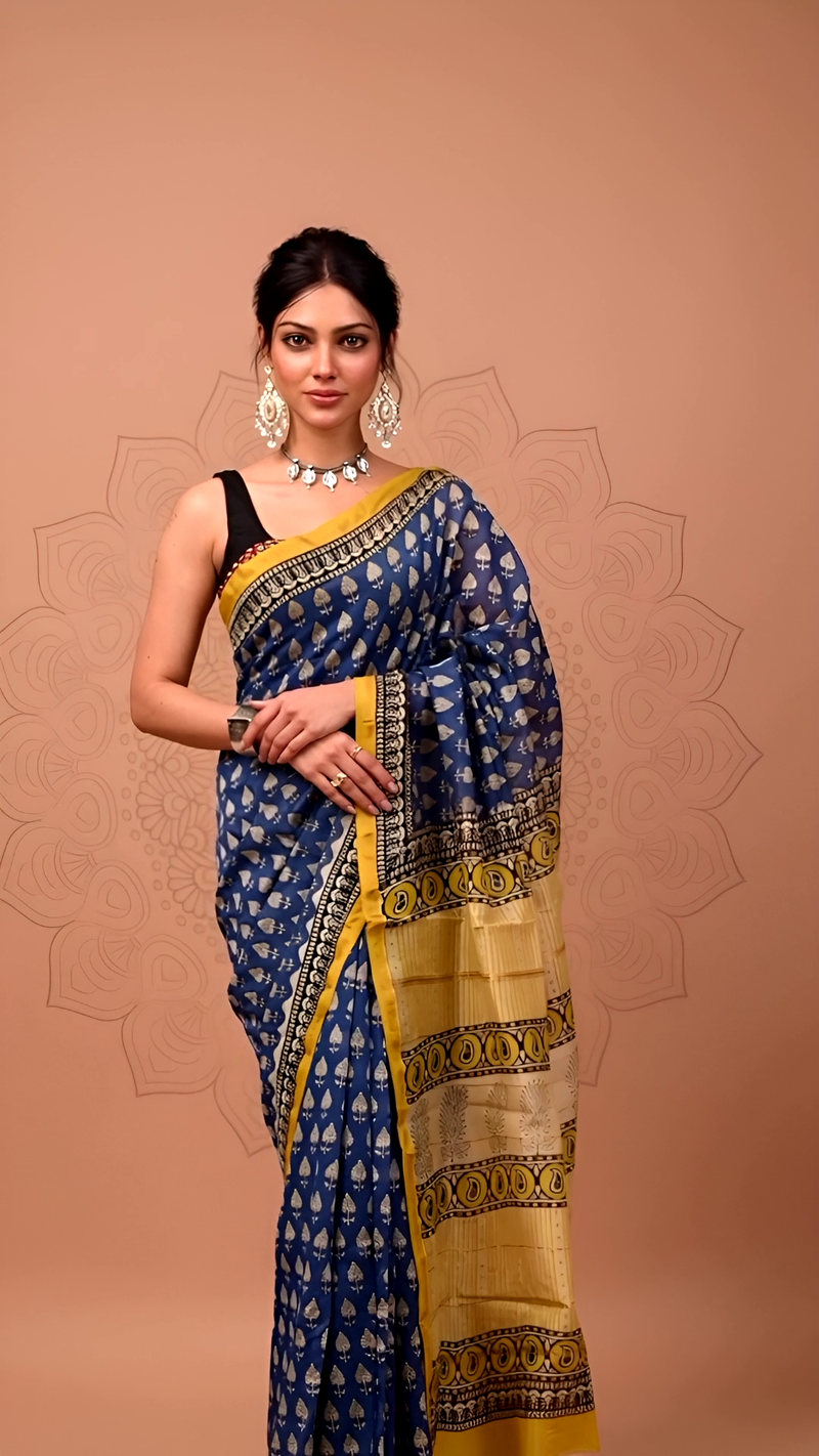 Blue Maheshwari Silk Saree with Yellow Border