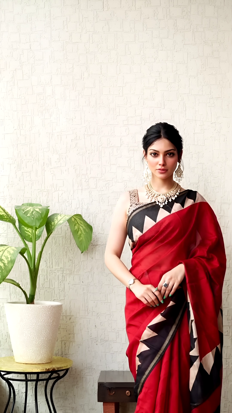 Red Geometric Hand Block Chanderi Silk Saree