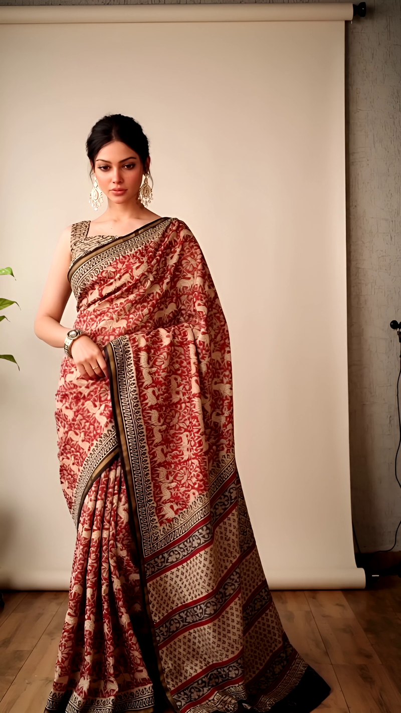 Maroon Floral Block Print Chanderi Silk Saree