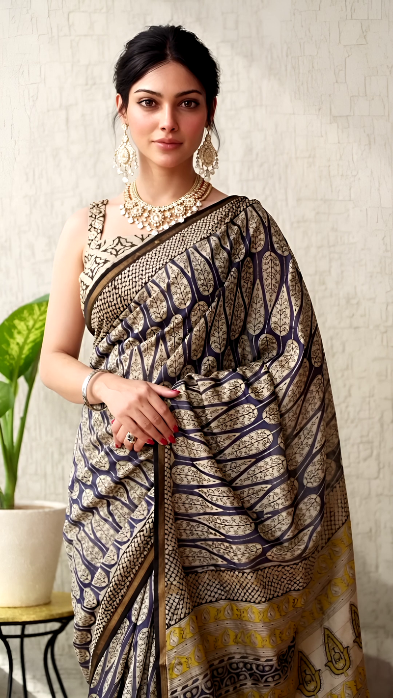 Beige & Blue Chanderi Saree with Yellow Paisley Pallu