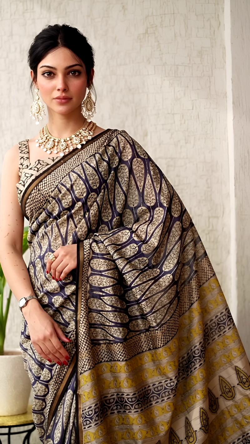 Beige & Blue Chanderi Saree with Yellow Paisley Pallu