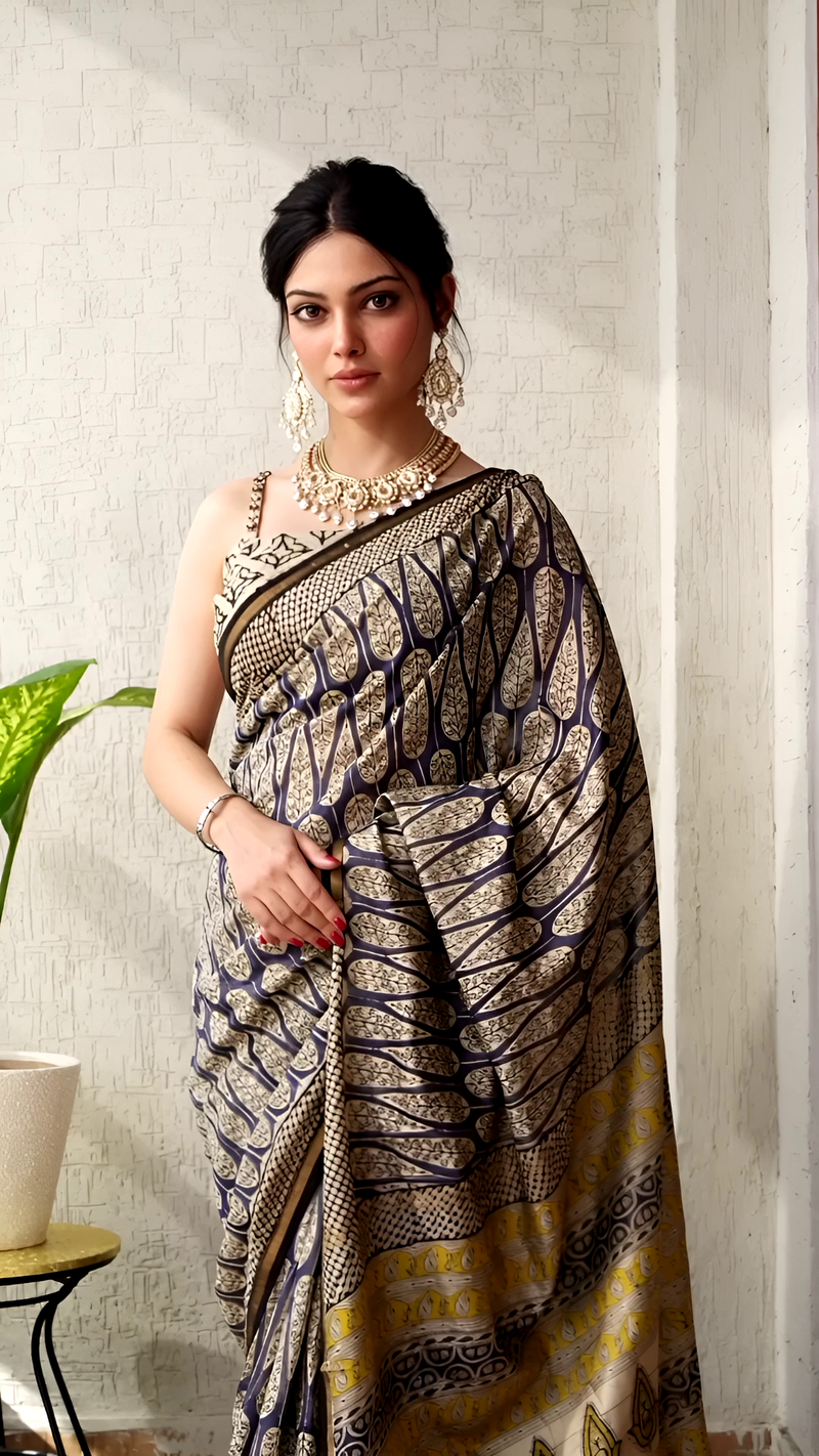 Beige & Blue Chanderi Saree with Yellow Paisley Pallu