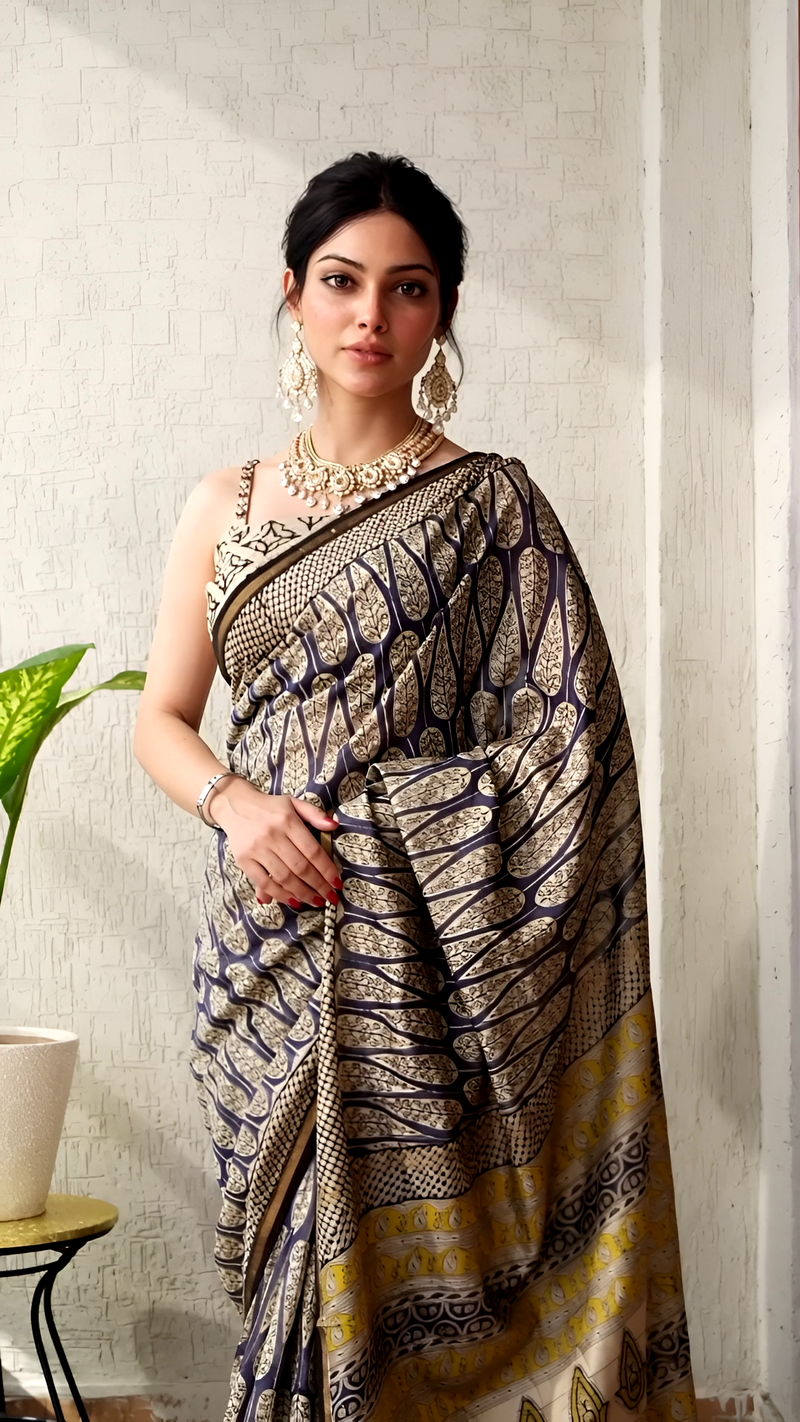 Beige & Blue Chanderi Saree with Yellow Paisley Pallu