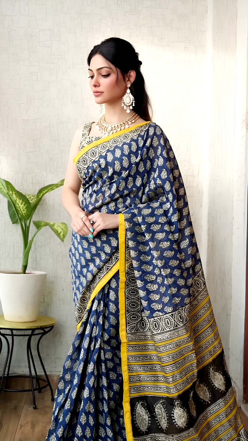 Blue Hand Block Chanderi Saree with Yellow Border