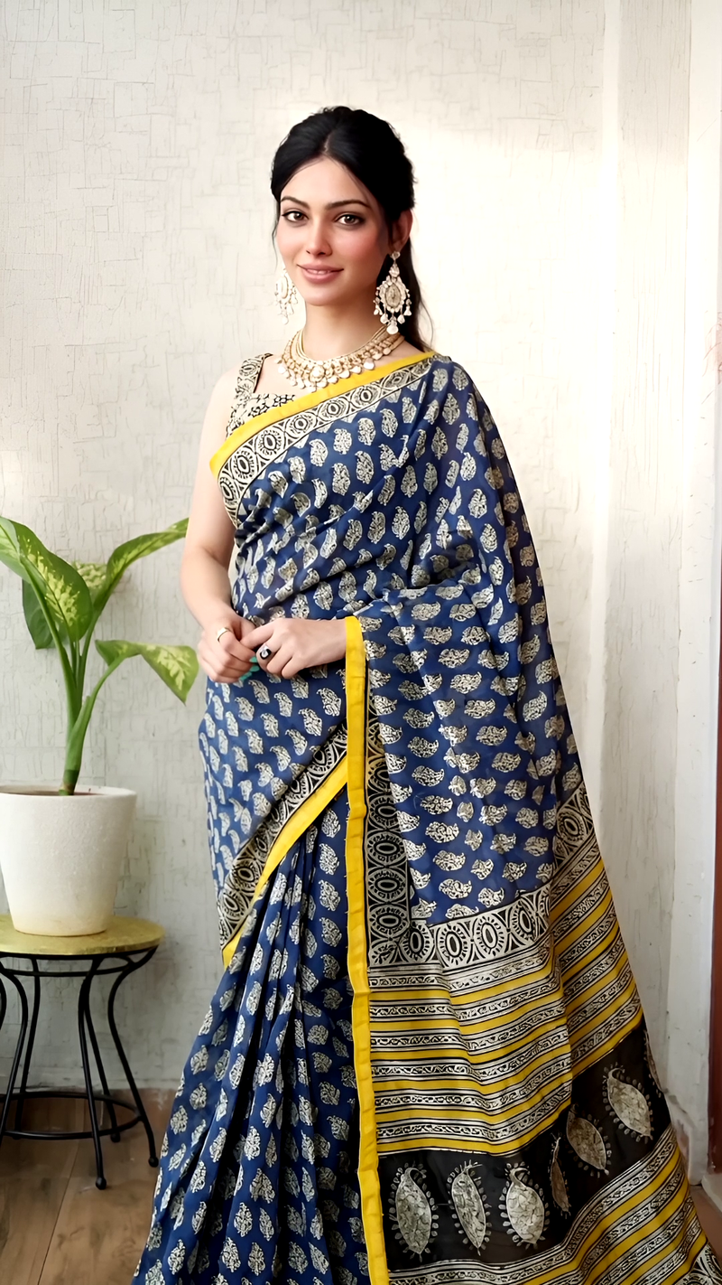 Blue Hand Block Chanderi Saree with Yellow Border