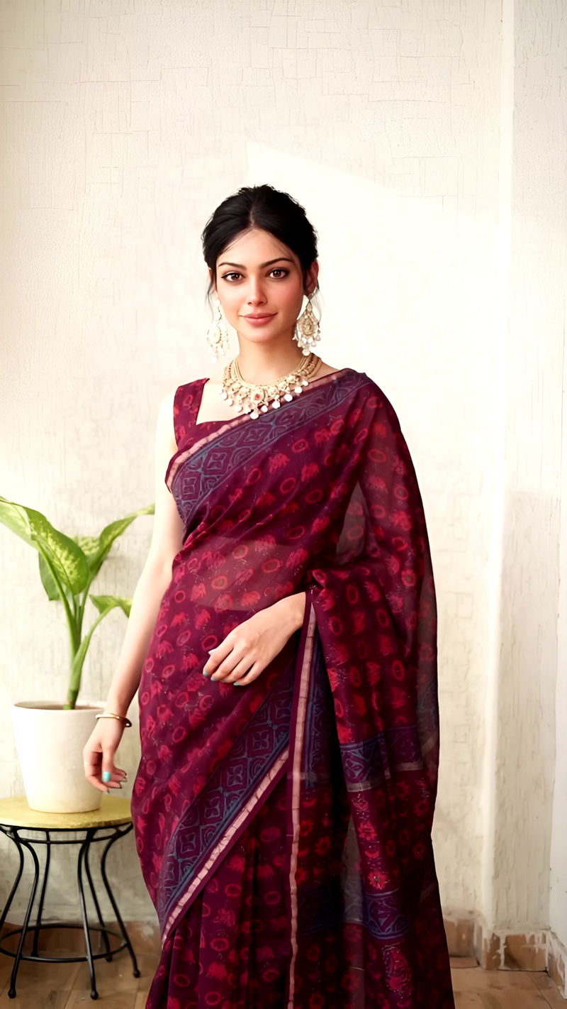 Hand Block Chanderi Saree – Maroon & Blue Elegance
