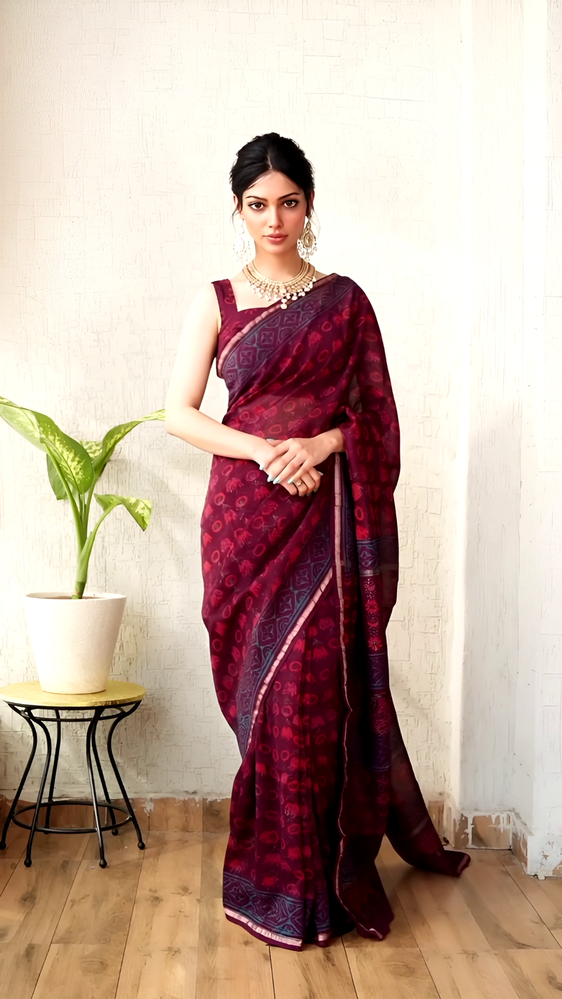 Hand Block Chanderi Saree – Maroon & Blue Elegance
