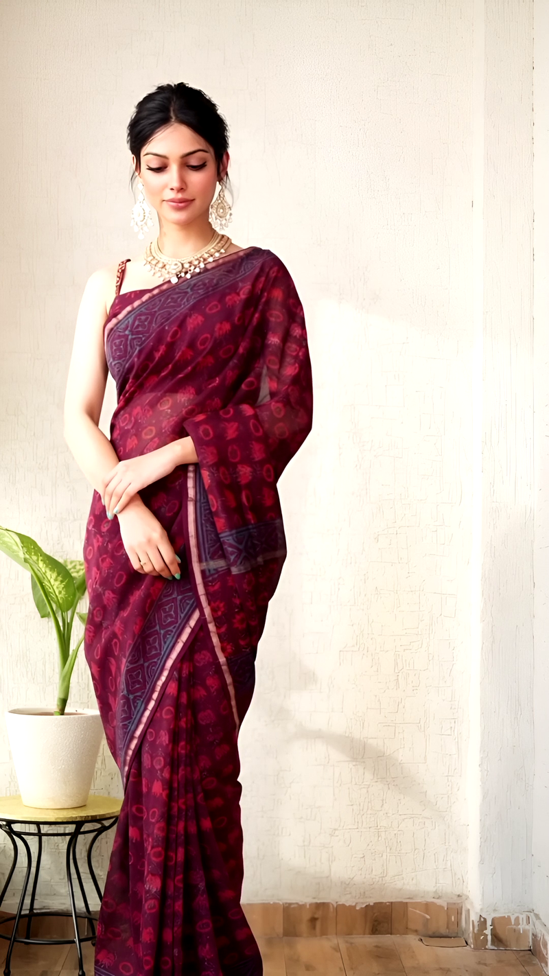 Hand Block Chanderi Saree – Maroon & Blue Elegance