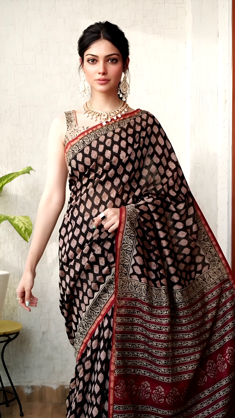 Hand Block Chanderi Saree – Black with Red Pallu