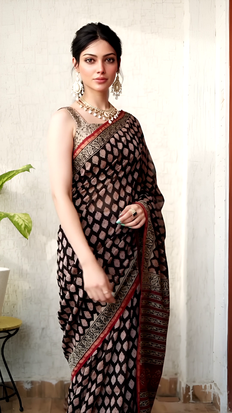 Hand Block Chanderi Saree – Black with Red Pallu