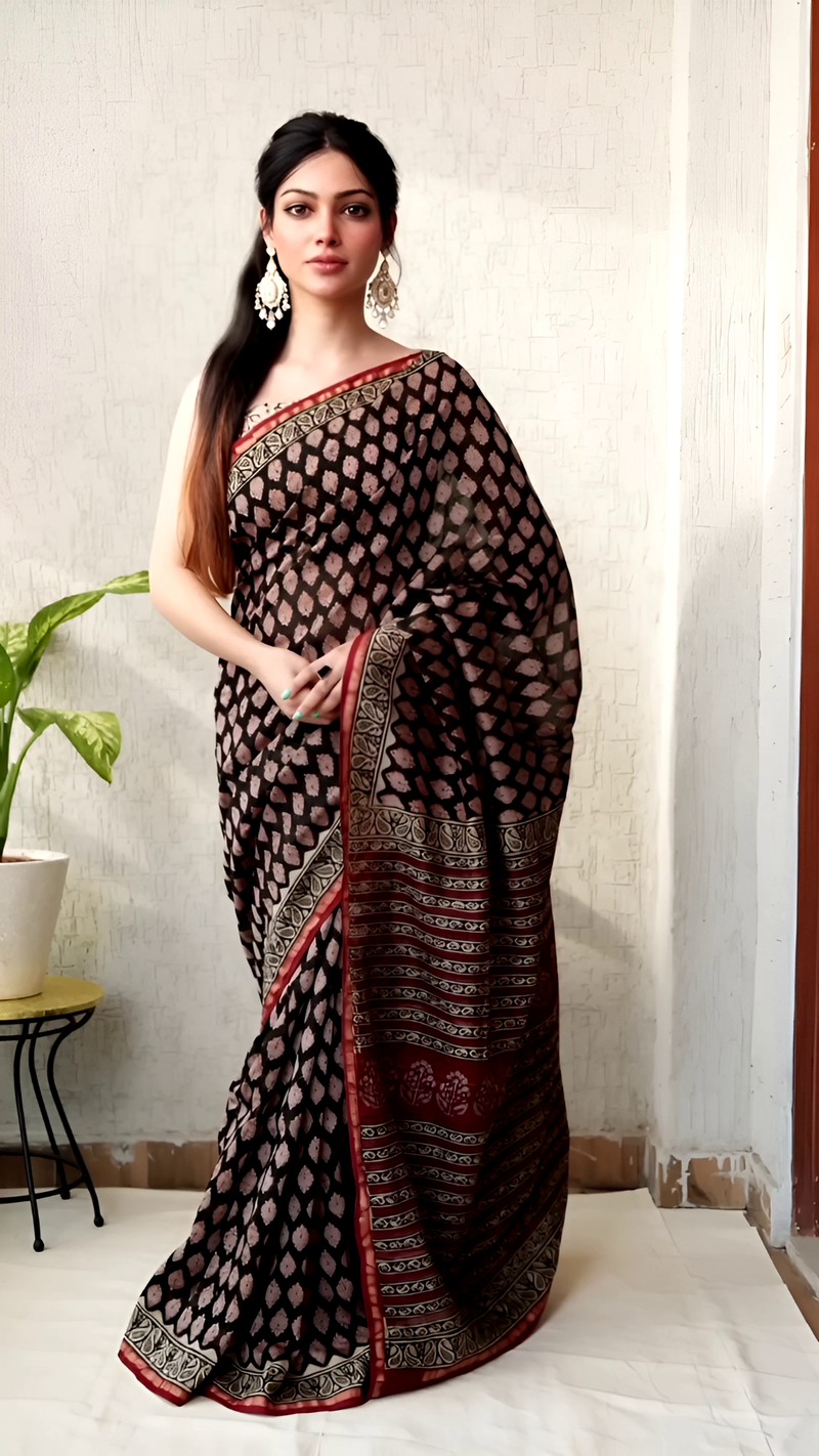 Hand Block Chanderi Saree – Black with Red Pallu