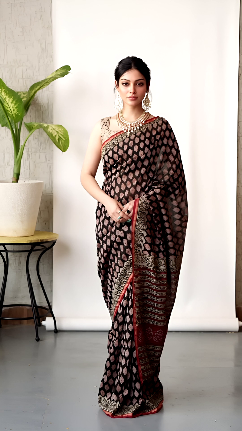 Hand Block Chanderi Saree – Black with Red Pallu