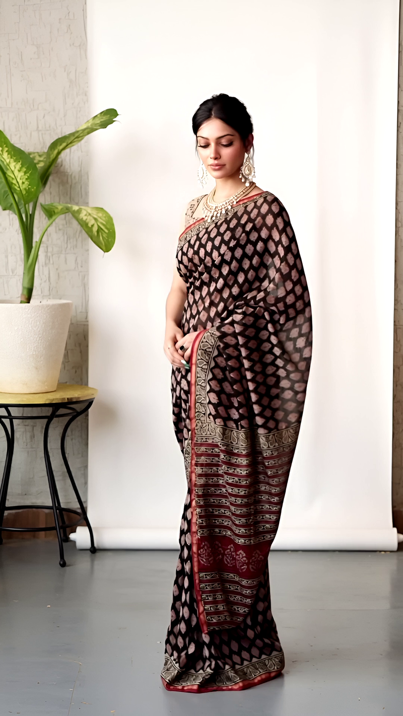 Hand Block Chanderi Saree – Black with Red Pallu