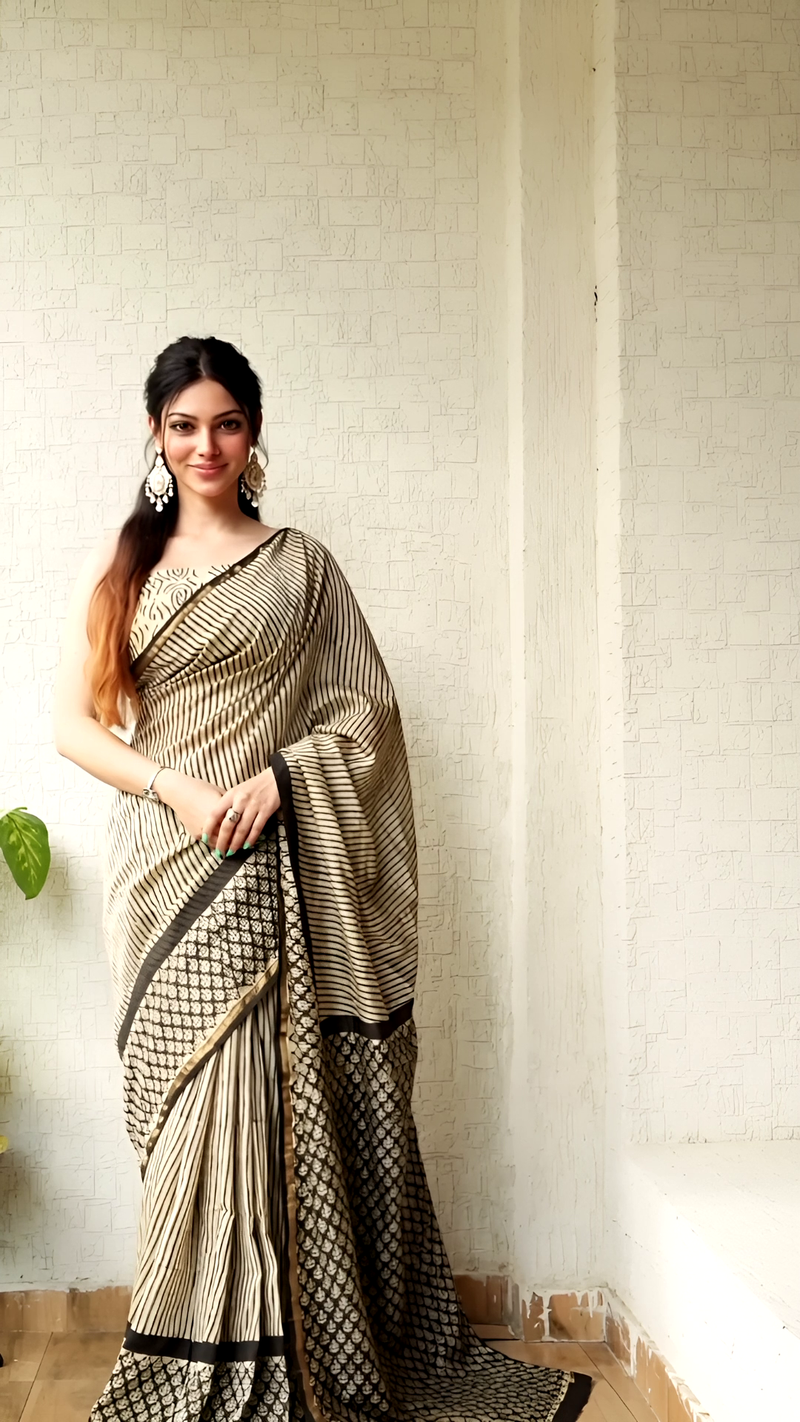 Hand Block Cotton Saree – Cream Stripes & Black Motifs