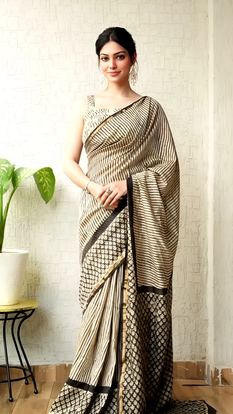 Hand Block Cotton Saree – Cream Stripes & Black Motifs