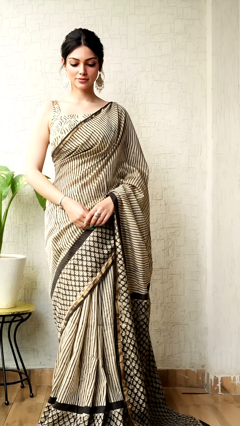 Hand Block Cotton Saree – Cream Stripes & Black Motifs