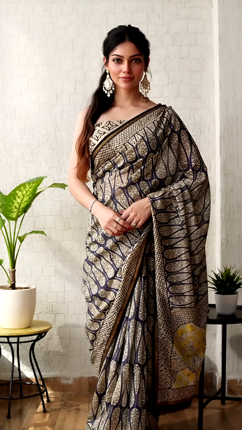 Pure Cotton Hand Block Saree – Cream with Blue & Yellow