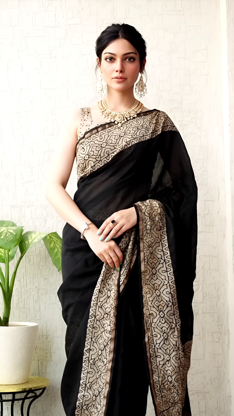Pure Chanderi Silk Black Hand Block Saree – Beige Border