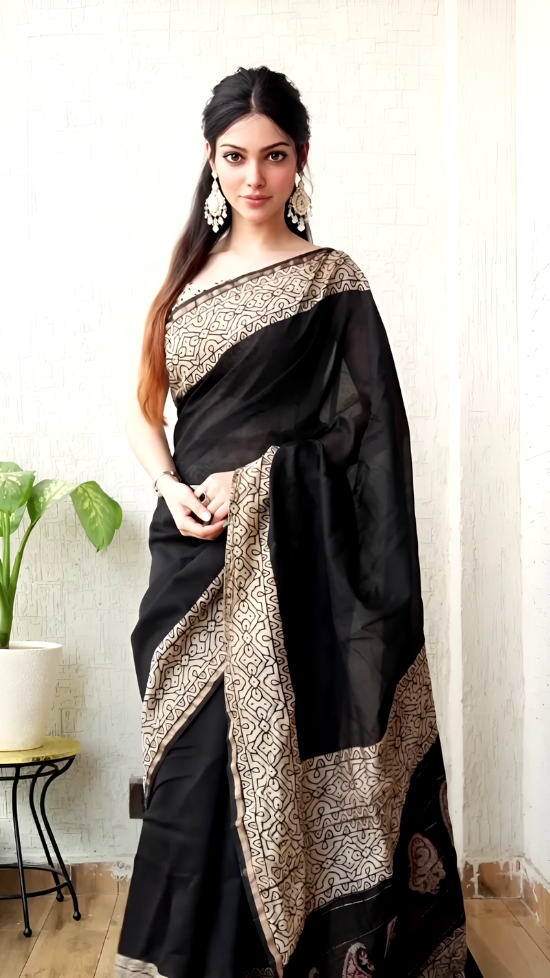 Pure Chanderi Silk Black Hand Block Saree – Beige Border