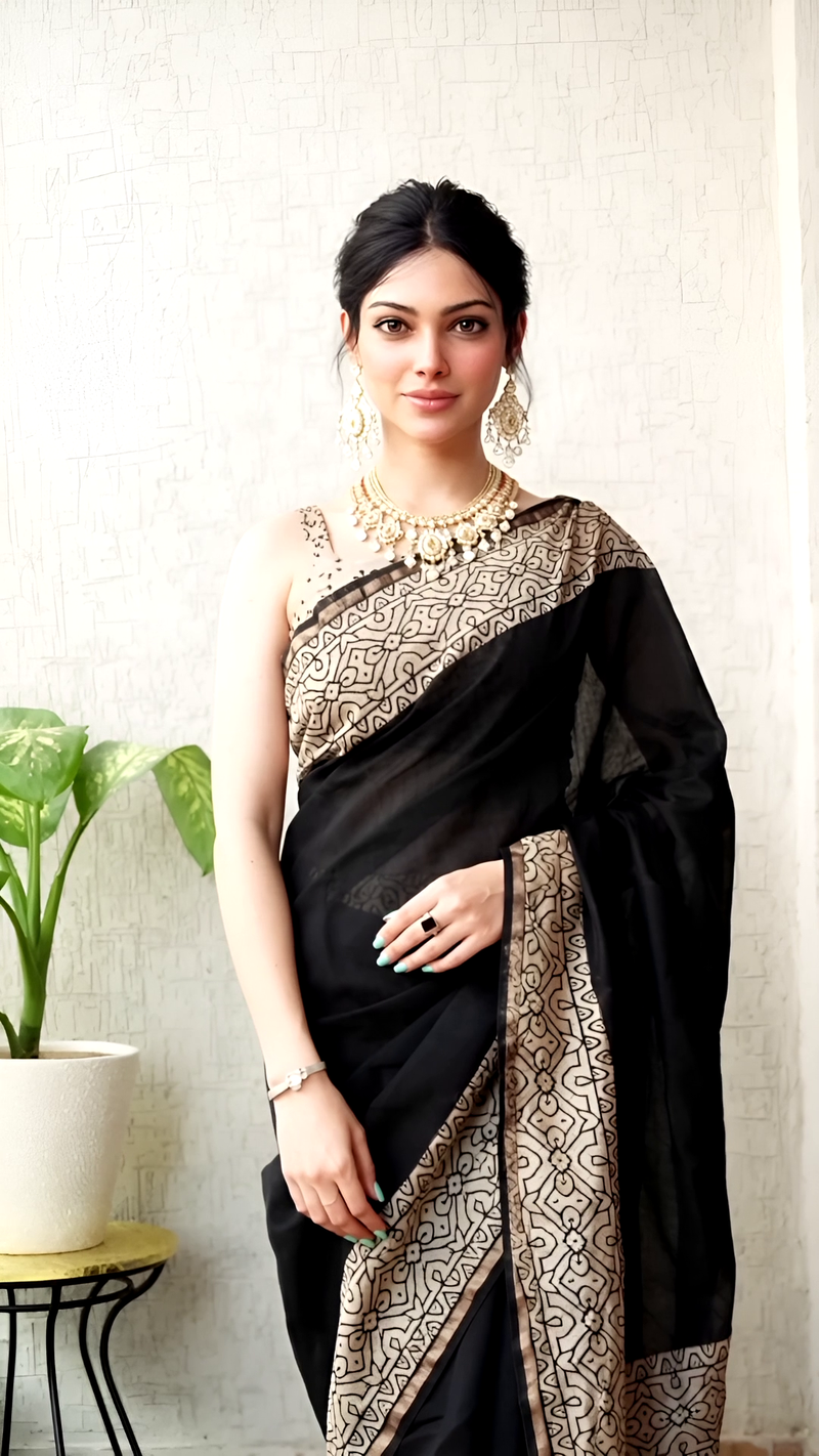 Pure Chanderi Silk Black Hand Block Saree – Beige Border