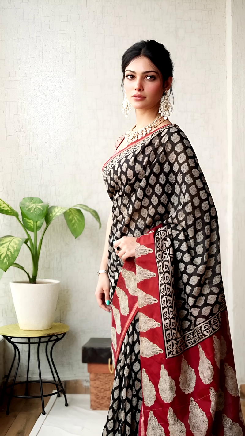 Pure Cotton Ajrakh Hand Block Printed Saree – Black with Rust-Red Paisley Pallu